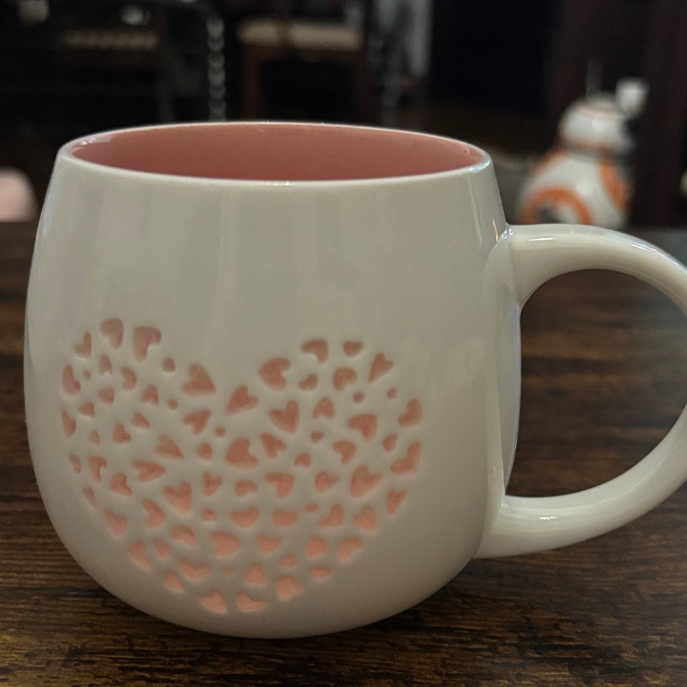 Kohl's White Ceramic Mug with Pink Interior and Heart Cutouts